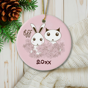 Ornamento De Cerâmica Gatinho Rosa e Amigos Animais Coelhinhos Crianças