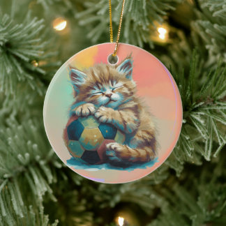Ornamento De Cerâmica Gatinho Sonolento com Bola de Futebol – Fã de Espo
