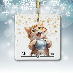 Ornamento De Cerâmica Gatinho Tabby Feliz com a Bolha da Árvore de Natal