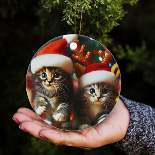 Ornamento De Cerâmica Gatinhos bonitos com Papai Noel e chapéus de renas