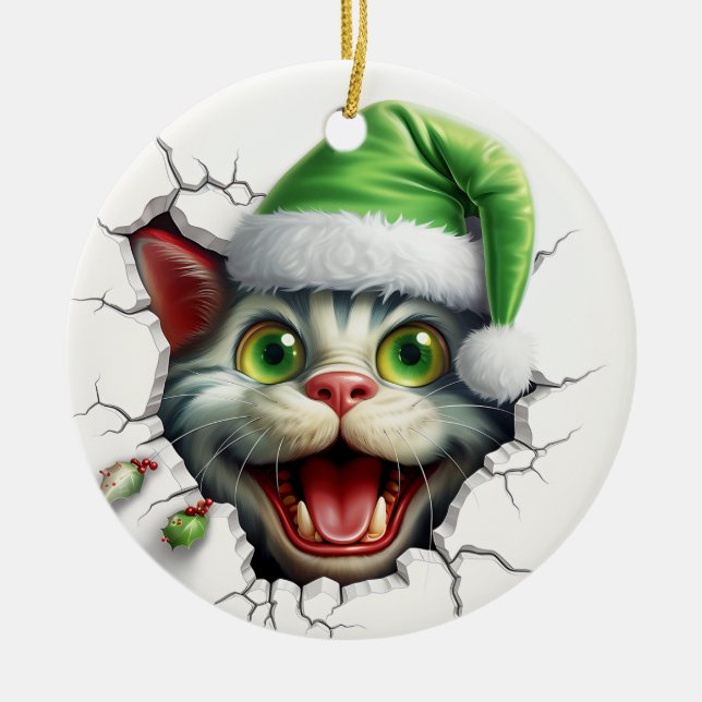 Ornamento De Cerâmica Gato 3d engraçado (Frente)
