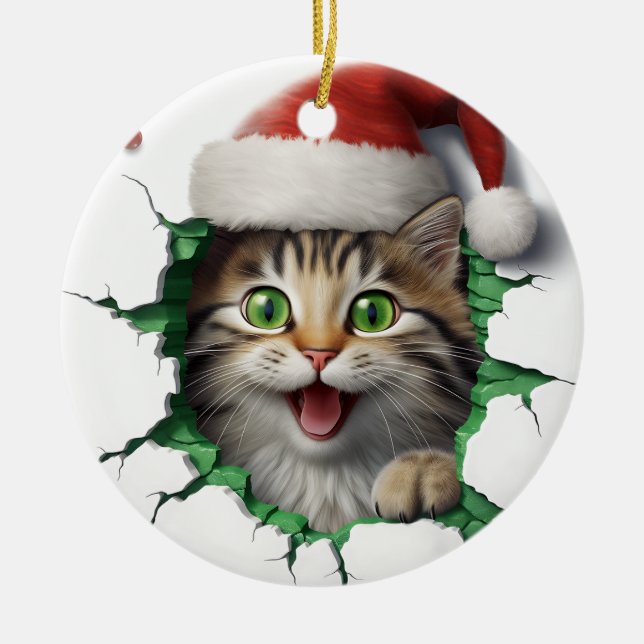 Ornamento De Cerâmica Gato 3d engraçado (Frente)