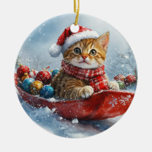Ornamento De Cerâmica Gato Abissínio em Trenó Deixe Nevar Natal