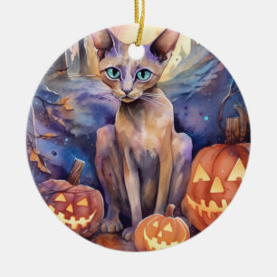 Ornamento De Cerâmica Gato Abissino Do Halloween Com Pumpkins Assustado