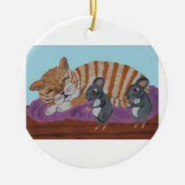 Ornamento De Cerâmica Gato Adormecido e Ratos Sorrateiros