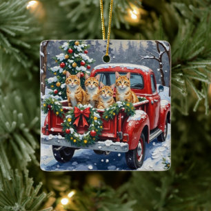 Ornamento De Cerâmica Gato Angora Turco Natal Caminhão Vermelho Férias