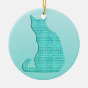 Ornamento De Cerâmica Gato Arabesco - tons de turquesa