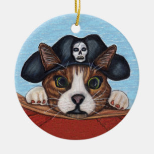 Ornamento De Cerâmica Gato Assustado no Barco Vermelho Pirata Preto