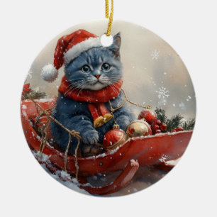 Ornamento De Cerâmica Gato Azul Oriental em Trenó Deixe Nevar Natal 