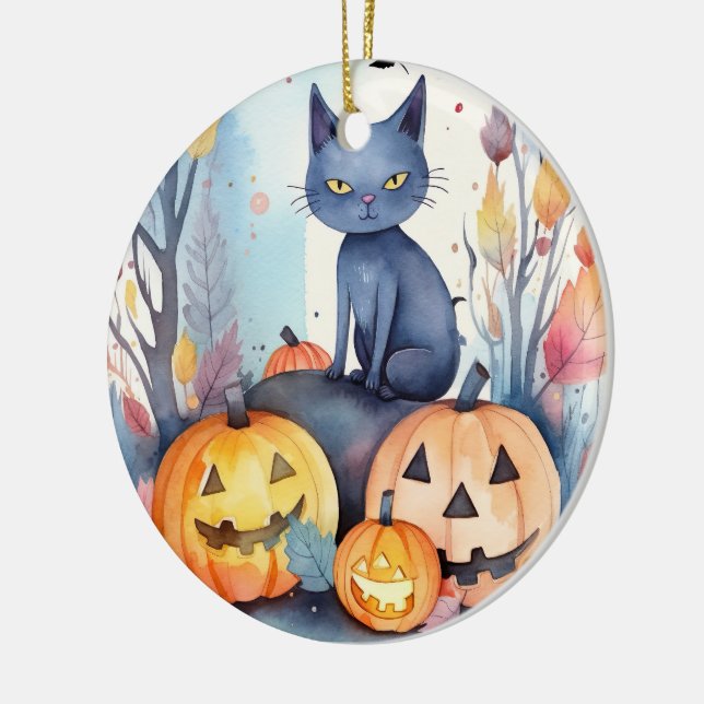 Ornamento De Cerâmica Gato Azul Oriental Halloween Com Pumpkins Assustad (Esquerda)
