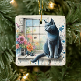 Ornamento De Cerâmica Gato Azul Russo em Janela com Flor de Aquarela