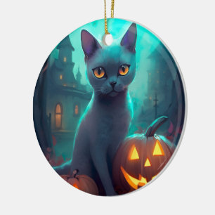 Ornamento De Cerâmica Gato Azul Russo Halloween Com Pumpkins Assustado