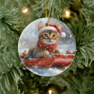 Ornamento De Cerâmica Gato Bengal em Trenó Deixe Nevar Natal