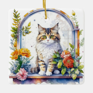 Ornamento De Cerâmica Gato Bonito na Janela Flores Personalizadas