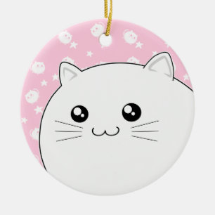 Ornamento De Cerâmica Gato branco bonito do gatinho de Kawaii