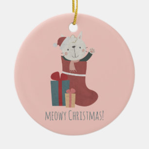 Ornamento De Cerâmica Gato branco bonito nas Meias de Natal