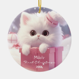 Ornamento De Cerâmica Gato branco bonito numa caixa de Natal personaliza