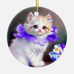 Ornamento De Cerâmica Gato branco com pintura de colarinho de flores rox