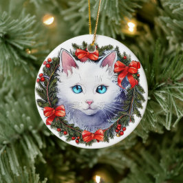 Ornamento De Cerâmica Gato Branco em Pintura Aquarela de Coroa de Natal,