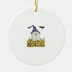 Ornamento De Cerâmica Gato Branco Engraçado em Chapéu de Bruxa Vintage H