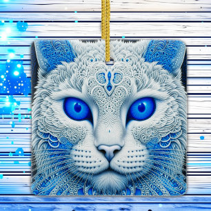 Ornamento De Cerâmica Gato branco etéreo com olhos azuis no Natal