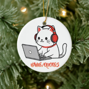 Ornamento De Cerâmica Gato Branco Fofo com Auscultadores Vermelhos no La
