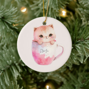 Ornamento De Cerâmica Gato branco-rosado em uma taça de chá (2)