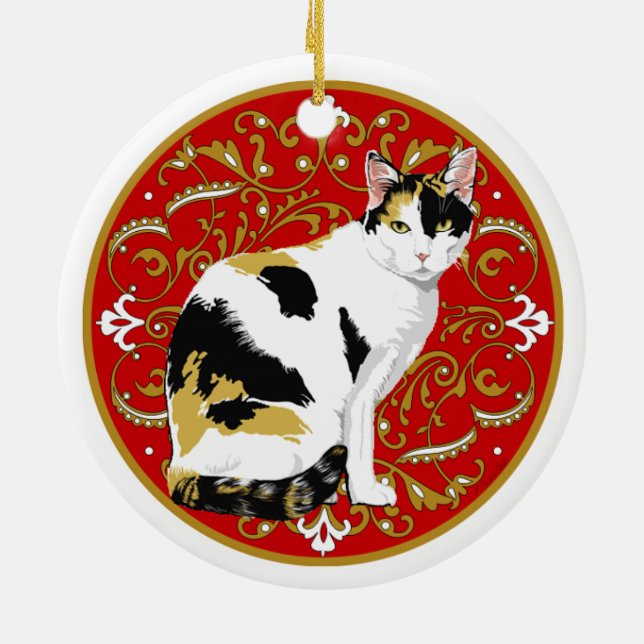Ornamento De Cerâmica Gato Calico Barroco (Traseira)