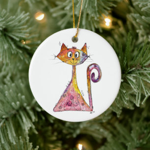 Ornamento De Cerâmica Gato Cinzento, Rosa, Branco