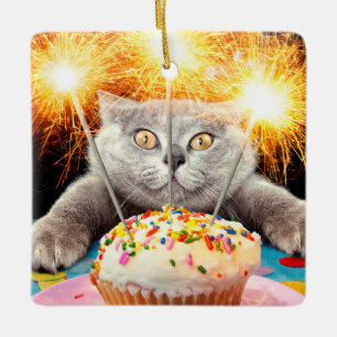 Ornamento De Cerâmica Gato com Cupcake