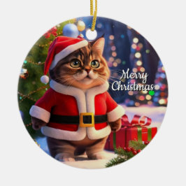Ornamento De Cerâmica Gato com Fantasia de Papai Noel