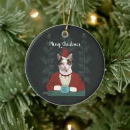 Ornamento De Cerâmica Gato com roupas de Papai noel Cartão de Natal