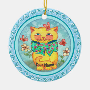 Ornamento De Cerâmica Gato das Flores Amarelas