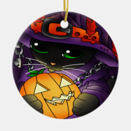 Ornamento De Cerâmica Gato de Bruxas Negras de Abóbora Halloween