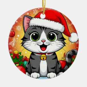Ornamento De Cerâmica Gato de desenho animado com chapéu de Papai Noel c