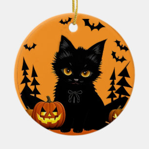 Ornamento De Cerâmica Gato de desenho animado e abóboras sob a lua cheia