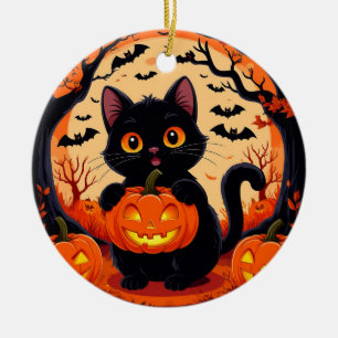 Ornamento De Cerâmica Gato de desenho animado e abóboras sob a lua cheia
