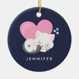 Ornamento De Cerâmica Gato de Gatinha Doce Dormindo com Coração Rosa Gra