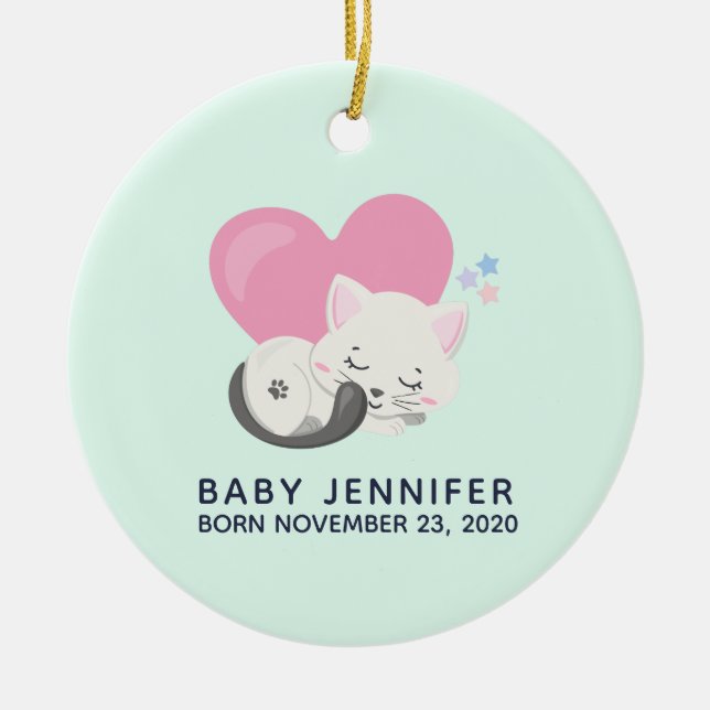 Ornamento De Cerâmica Gato de Gatinha Doce Dormindo com Nascimento de Be (Frente)