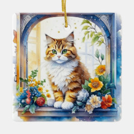Ornamento De Cerâmica Gato de Gato na Janela das Flores Personalizadas