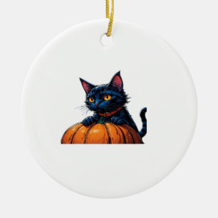 Ornamento De Cerâmica Gato de Halloween no Patch de Abóbora Enfeitiçada