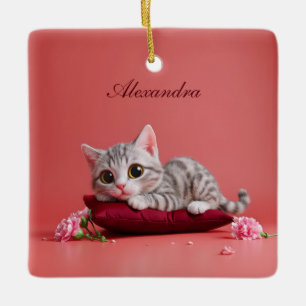 Ornamento De Cerâmica Gato de janeiro bonito com cravos