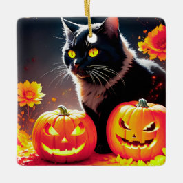 Ornamento De Cerâmica Gato de Magia Negra com Pumpkins
