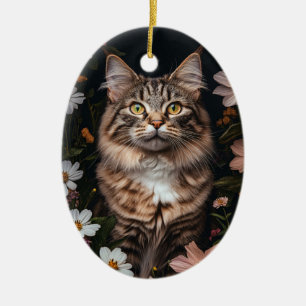 Ornamento De Cerâmica Gato de Maine Coon cercado por flores