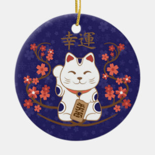 Ornamento De Cerâmica Gato de Maneki-neko com sorte, kanji