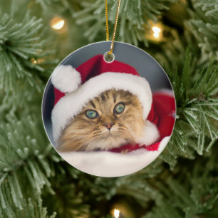 Ornamento De Cerâmica Gato de Natal bonito deitado