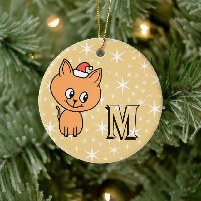Ornamento De Cerâmica Gato de Natal bonito, Monograma Personalizado e Fo (Árvore)