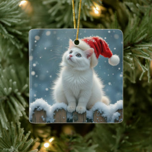 Ornamento De Cerâmica Gato de Natal Branco na Cerca
