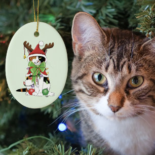 Ornamento De Cerâmica Gato de Natal Calico Verde Festivo e Divertido