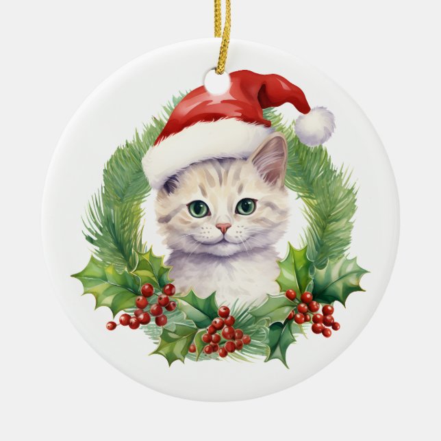 Ornamento De Cerâmica Gato de Natal Cinto-d-Água num Chapéu Santa (Frente)
